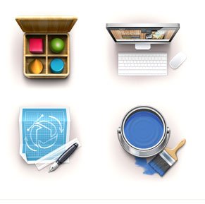 Image of four icons: pen & paper drawing, can of paint with brush, computer and a box with basic shapes | featured image for Architectural Services.