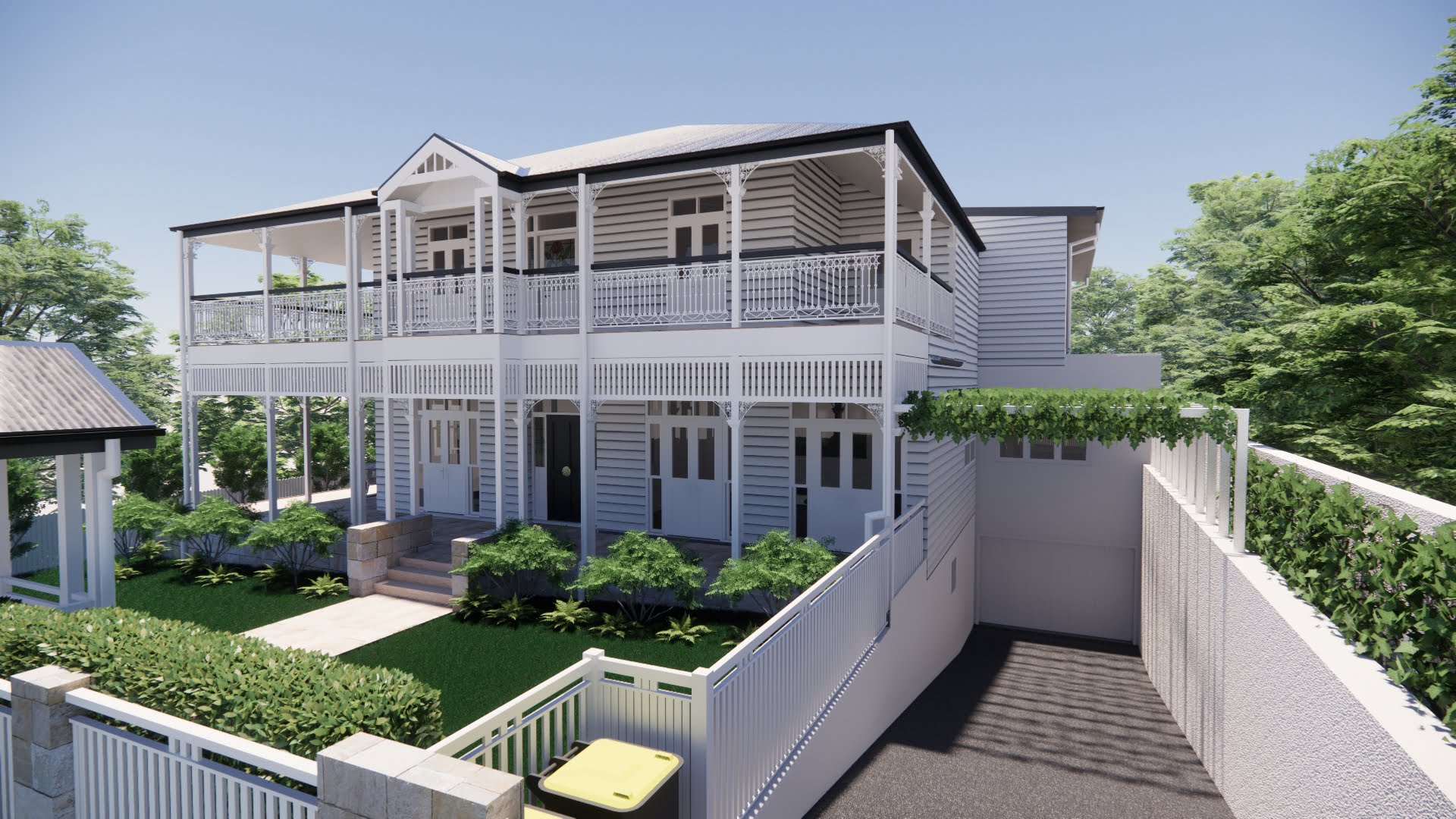 Front view of a renovated Queenslander with a spacious garden | Featured image for the Queenslander Renovations service page from Clements Clarke Architects.