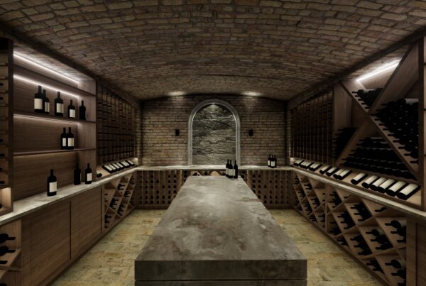 Front to back view of a the interior of a modern design cellar