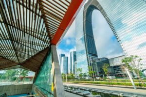 Modern chinese city with skyscrapers and glass structures | Featured image for the Modern Chinese Architecture Blog by Clements Clarke Architects.